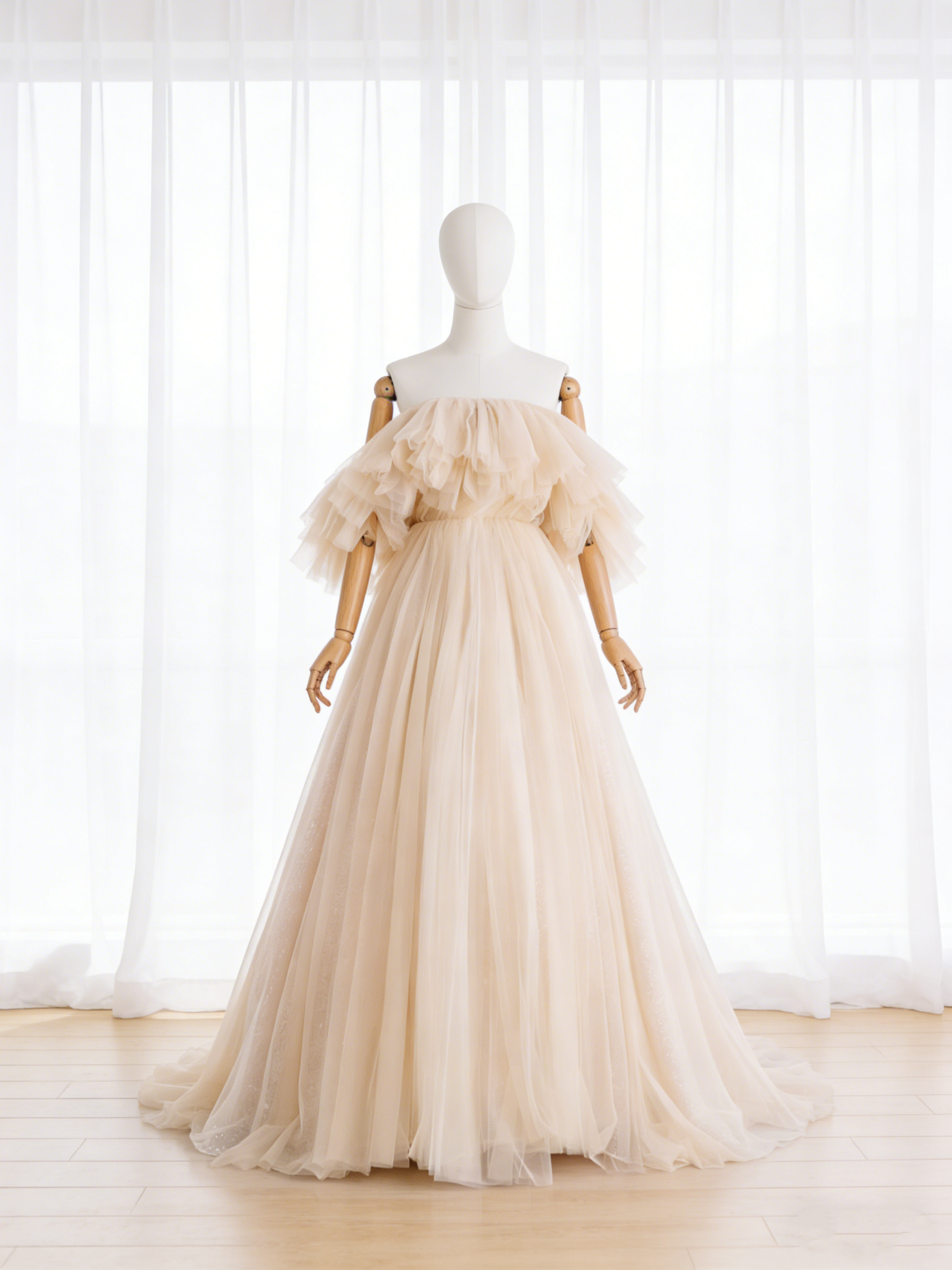 送料無料！カラードレス 薄シャンパン色 オフショルダー  チュールスカート 結婚式/披露宴 ロングワンピース