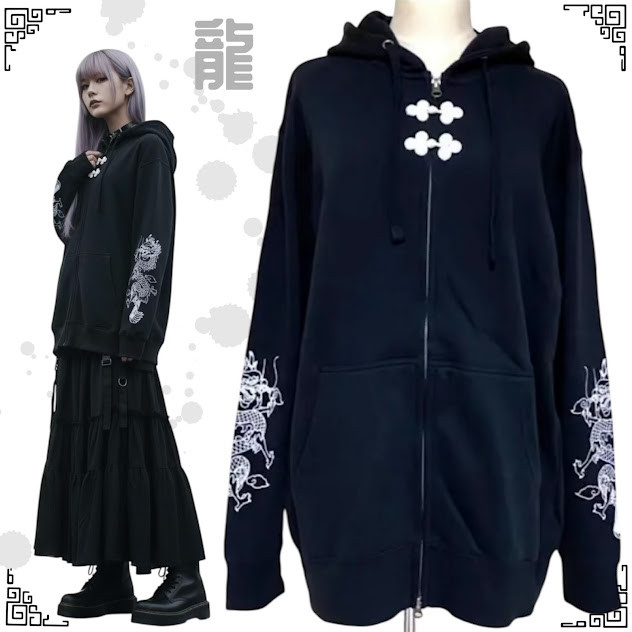 パーカー チャイナ 龍 中華 ドラゴン 黒パーカー ジップアップパーカー ブラック 袖プリント 大きいサイズ 大きめ
