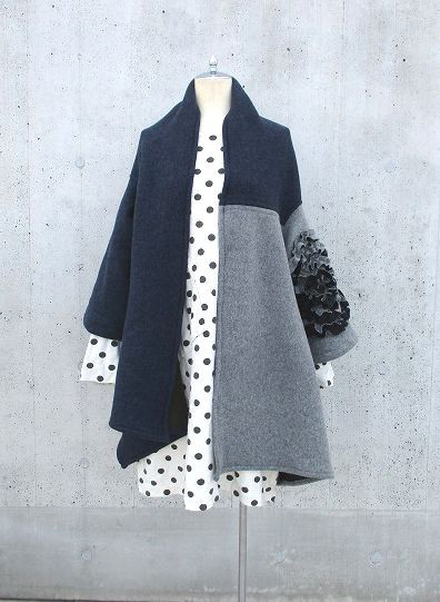 チャコールグレーモヘア×青　片袖フリル　ストールカーディガン　ブランケット　マフラー　巻きスカート 11,544円