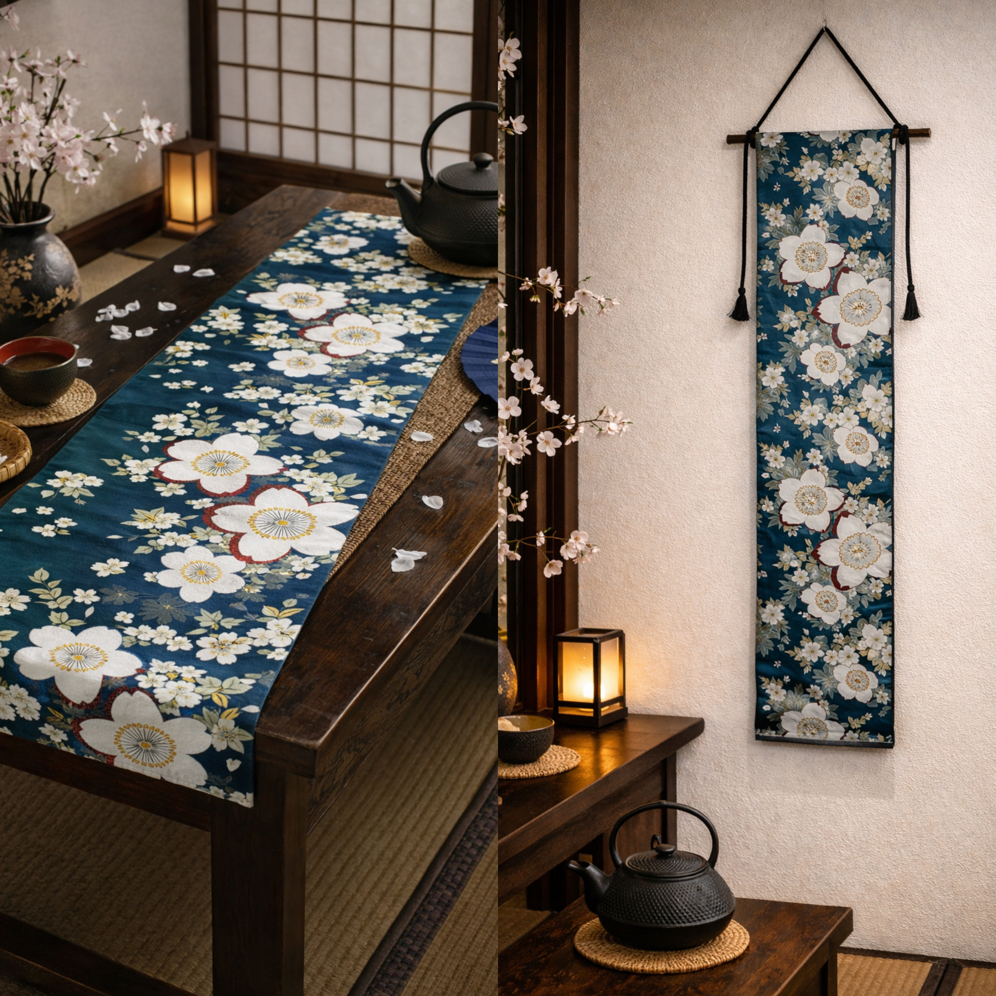 帯リメイク　タペストリー／テーブルランナー｜花文様の和柄｜ロングサイズ