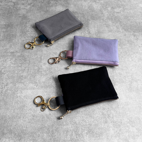 パンジー/ビオラ◇インド刺繍×帆布/キーホルダー付きフラットポーチ