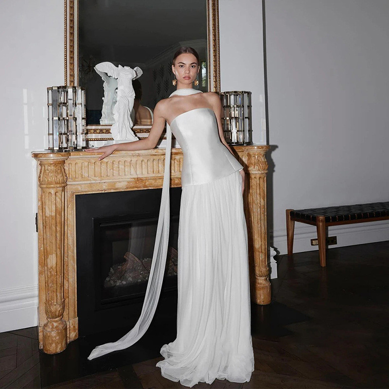 高級感 白 黒 オフショルダー ウェディングドレス シンプル 韓国風 花嫁 誕生日 披露宴 二次会 前撮り HL1446