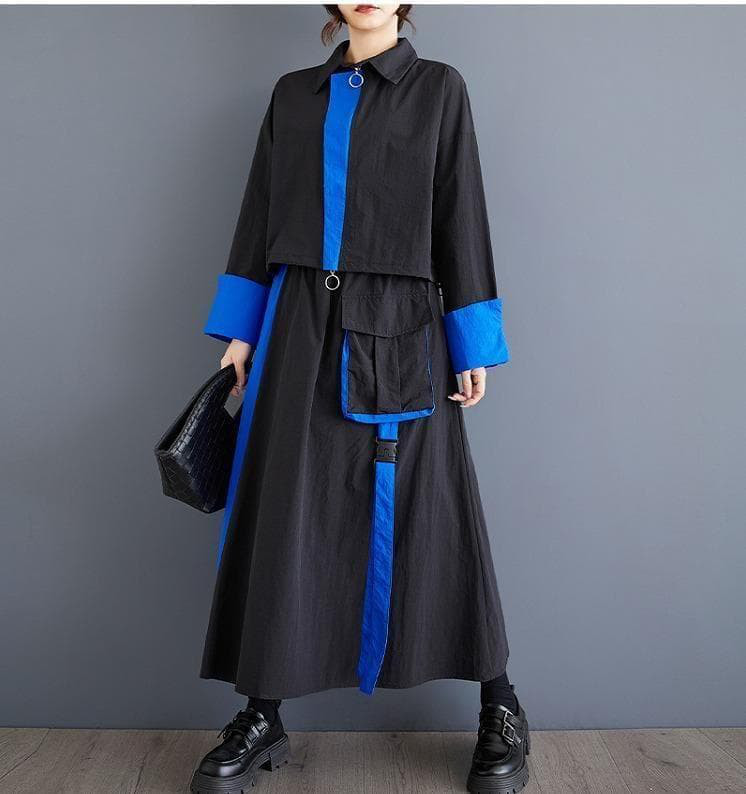 新品 大きいサイズブルーセットアップ ショートトップスロングスカート秋冬jｈ