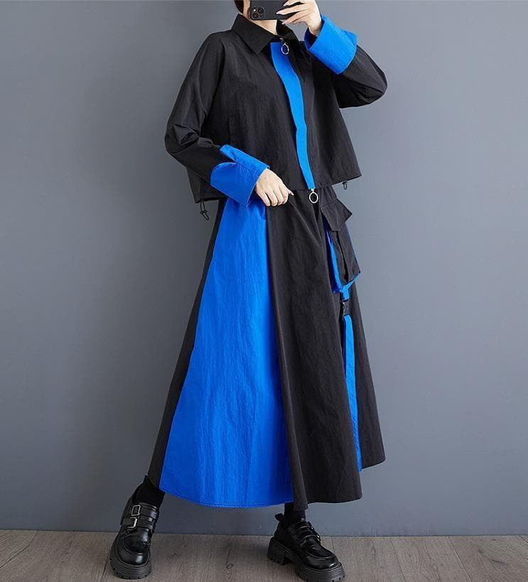 新品 大きいサイズブルーセットアップ ショートトップスロングスカート秋冬jｈ