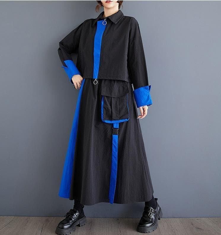 新品 大きいサイズブルーセットアップ ショートトップスロングスカート秋冬jｈ