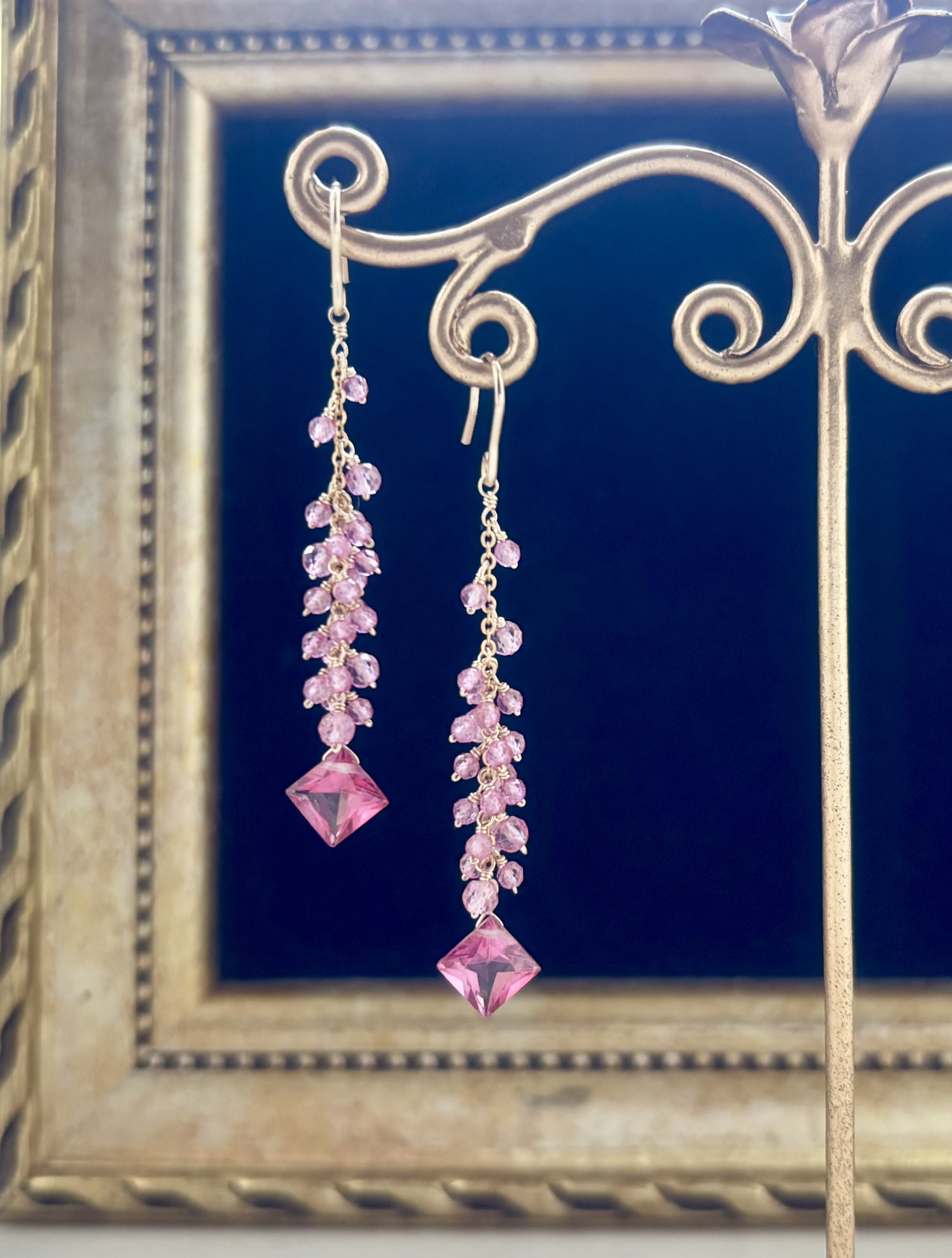 14kgf ピンクトパーズのロングピアス