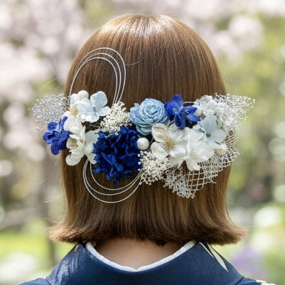 A548 ドライフラワー　パール　髪飾り　青　シルバー　卒業式　袴　成人式　振袖　結婚式　和装