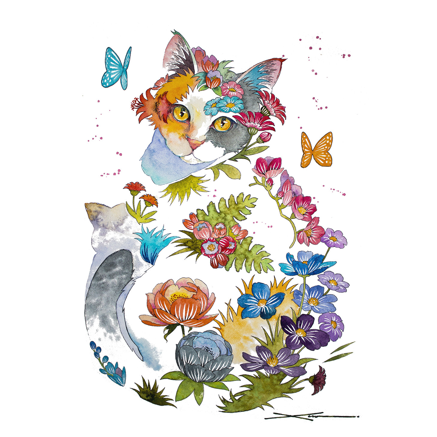 三毛猫(A3)_水彩原画_イラスト