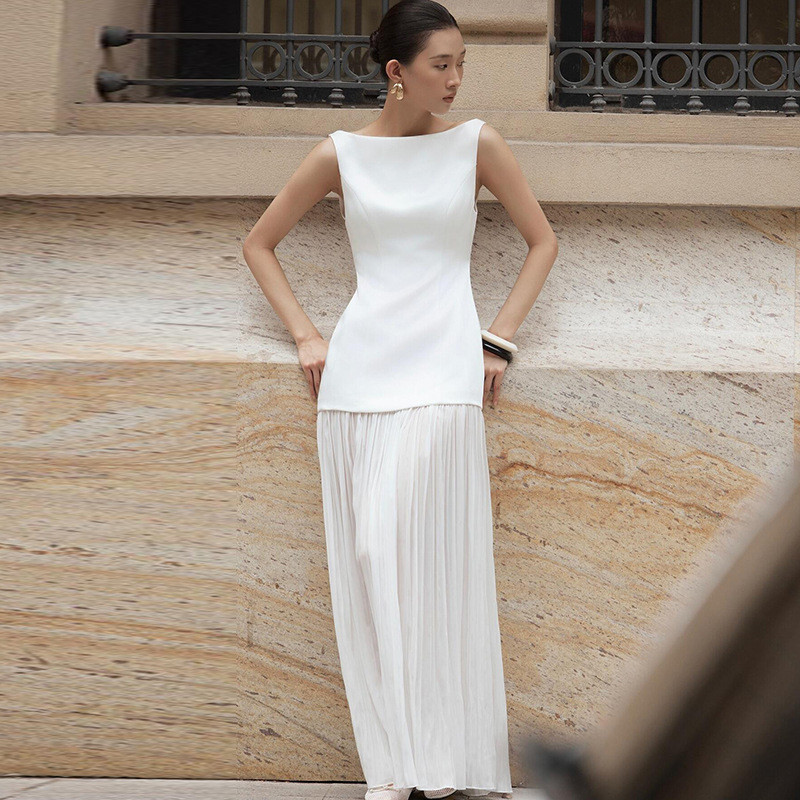 高級感 白 黒 ノースリーブ パーティードレス シンプル 韓国風 花嫁 パーティー 披露宴 二次会 前撮り HL1452