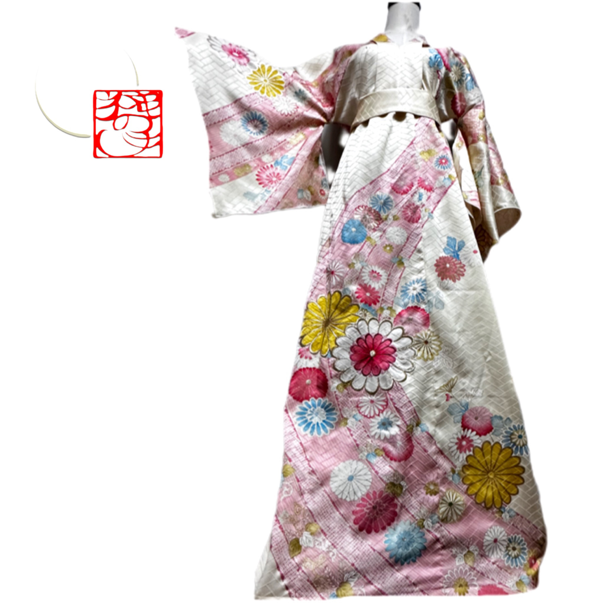 超ロング　振袖　着物リメイク　ドレス　和柄　ワンピース　着物袖　金彩花　丈135