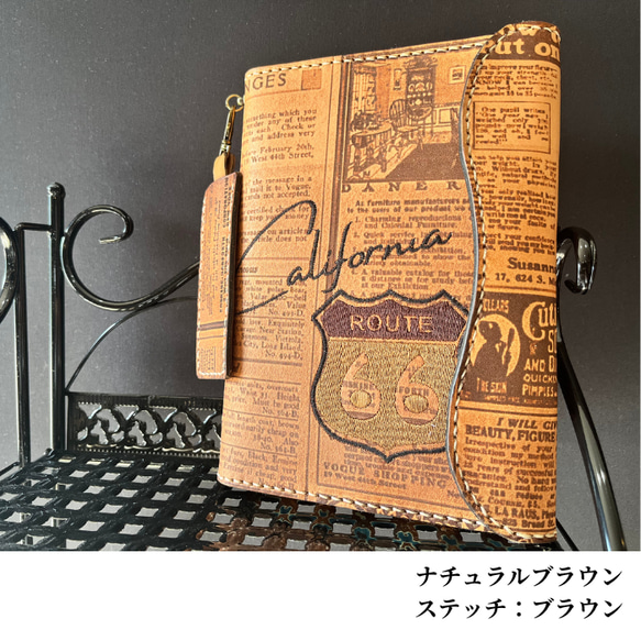 栃木レザー システム手帳 A5 英字新聞柄 ルート66 名入れ 対応可 ギフトBOX付 お祝い プレゼント 5枚目の画像