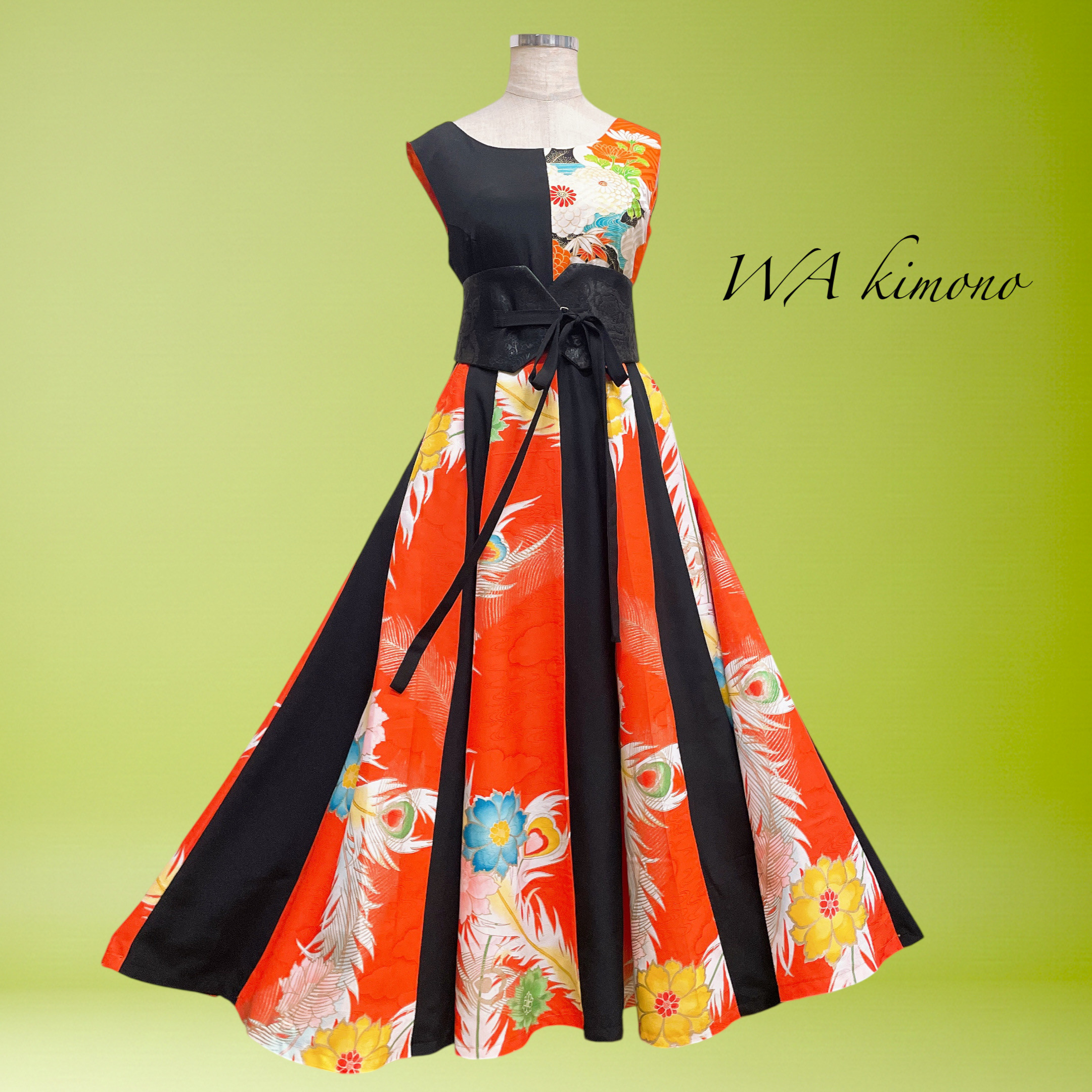 着物リメイクワンピース3641 オレンジ黒 パッチワークワンピース 着物リメイク L～2L B80111