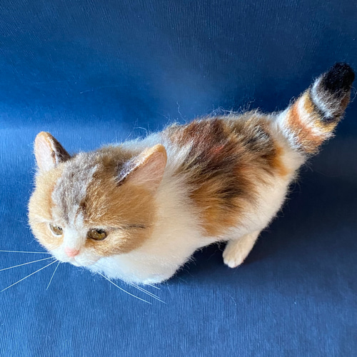 羊毛フェルト猫 全身 リアル可愛い三毛のマンチカン 羊毛フェルト