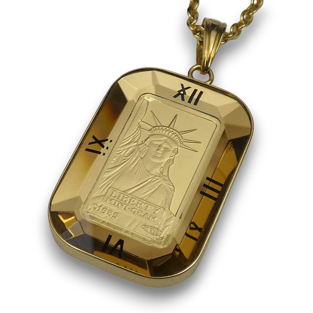 純金K24リバティインゴットペンダントトップ (1.0g)18金強化ガラス入り自由の女神 B357