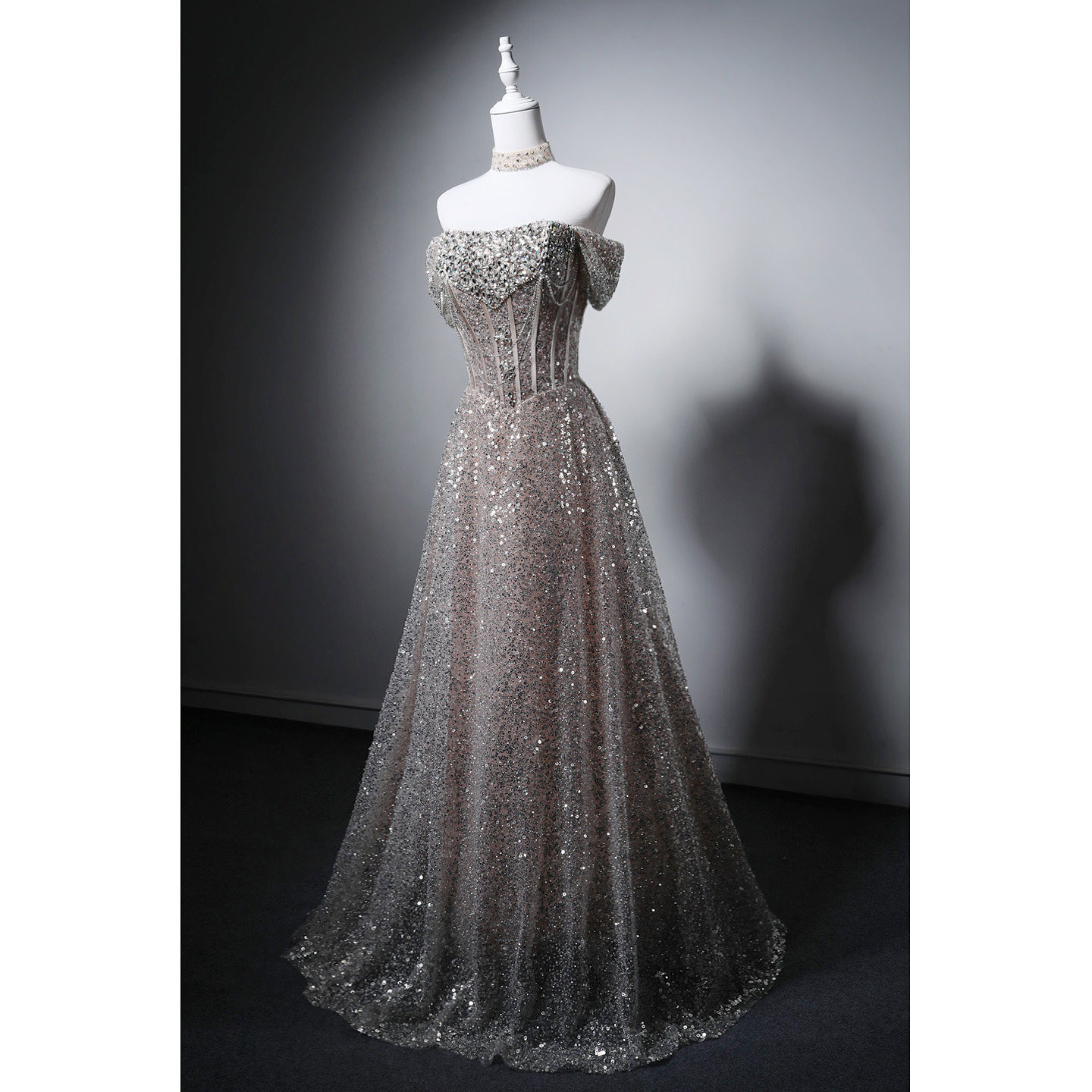 豪華 シャンパン色 オフショルダー スパンコール きらきら パーティードレス 結婚式 誕生日 二次会 前撮り M004