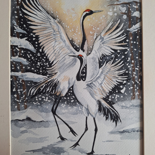 水彩画 雪中の鶴の舞 絵画 makochin 通販 20381162｜Creema(クリーマ