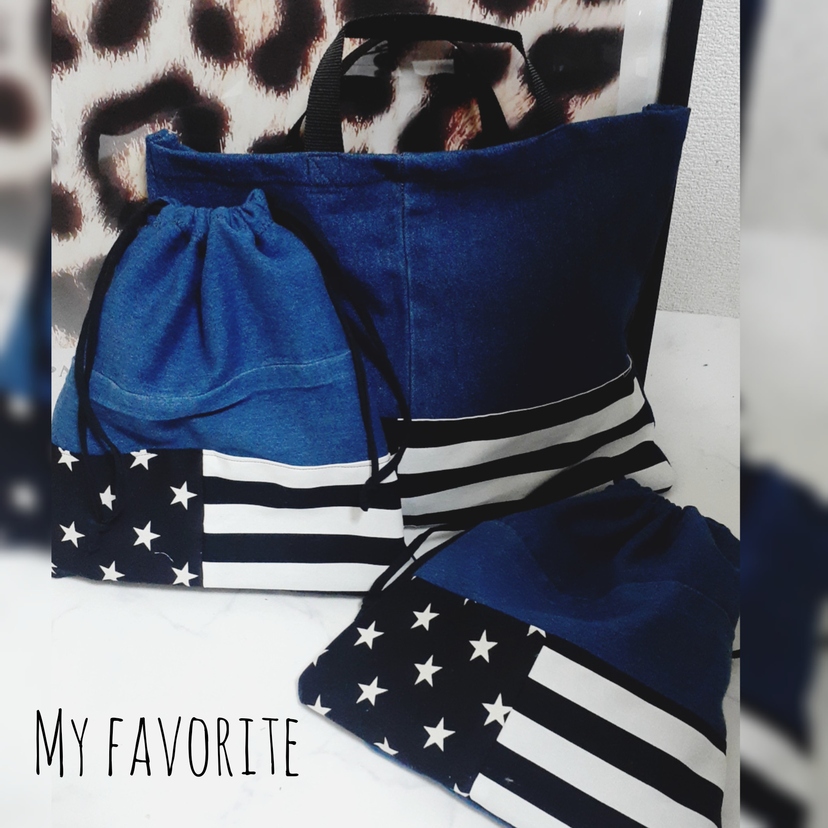 レッスンバッグ&体操着袋セット　星条旗　アメリカン　にこちゃん　スマイル　レッスンバッグ　大人気　星