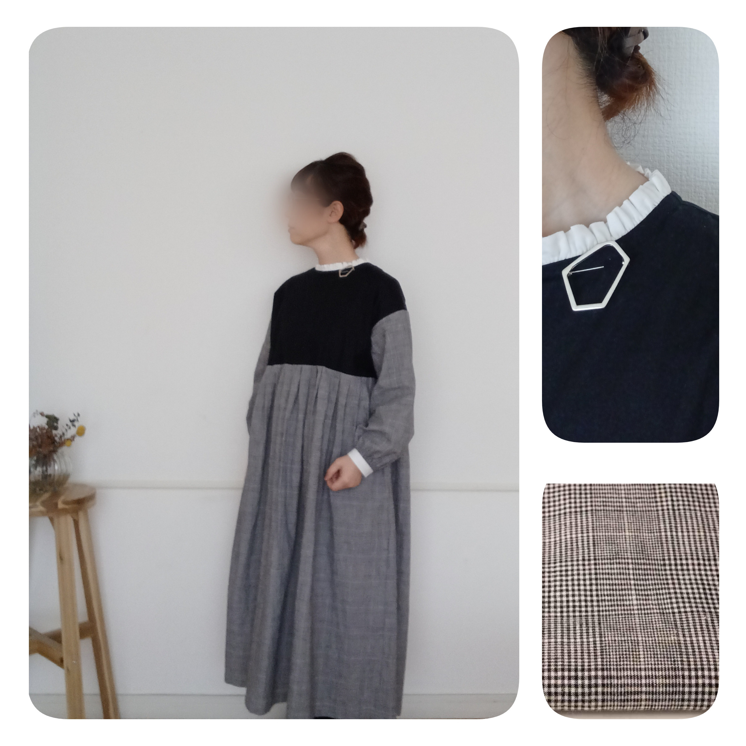 【woman's S.M.L】綿麻グレンチェック　可愛くととのうモノトーンワンピース