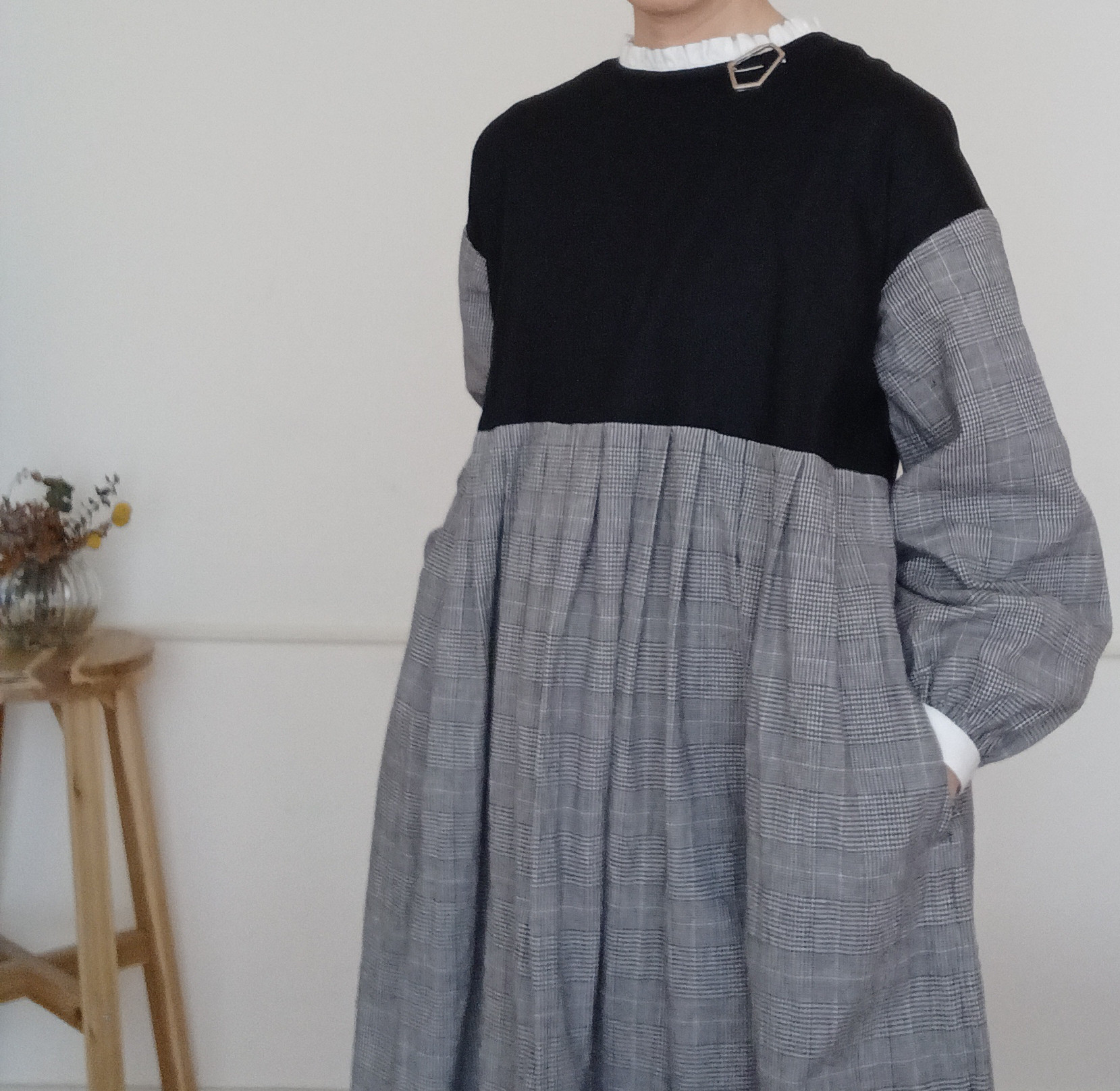 【woman's S.M.L】綿麻グレンチェック　可愛くととのうモノトーンワンピース