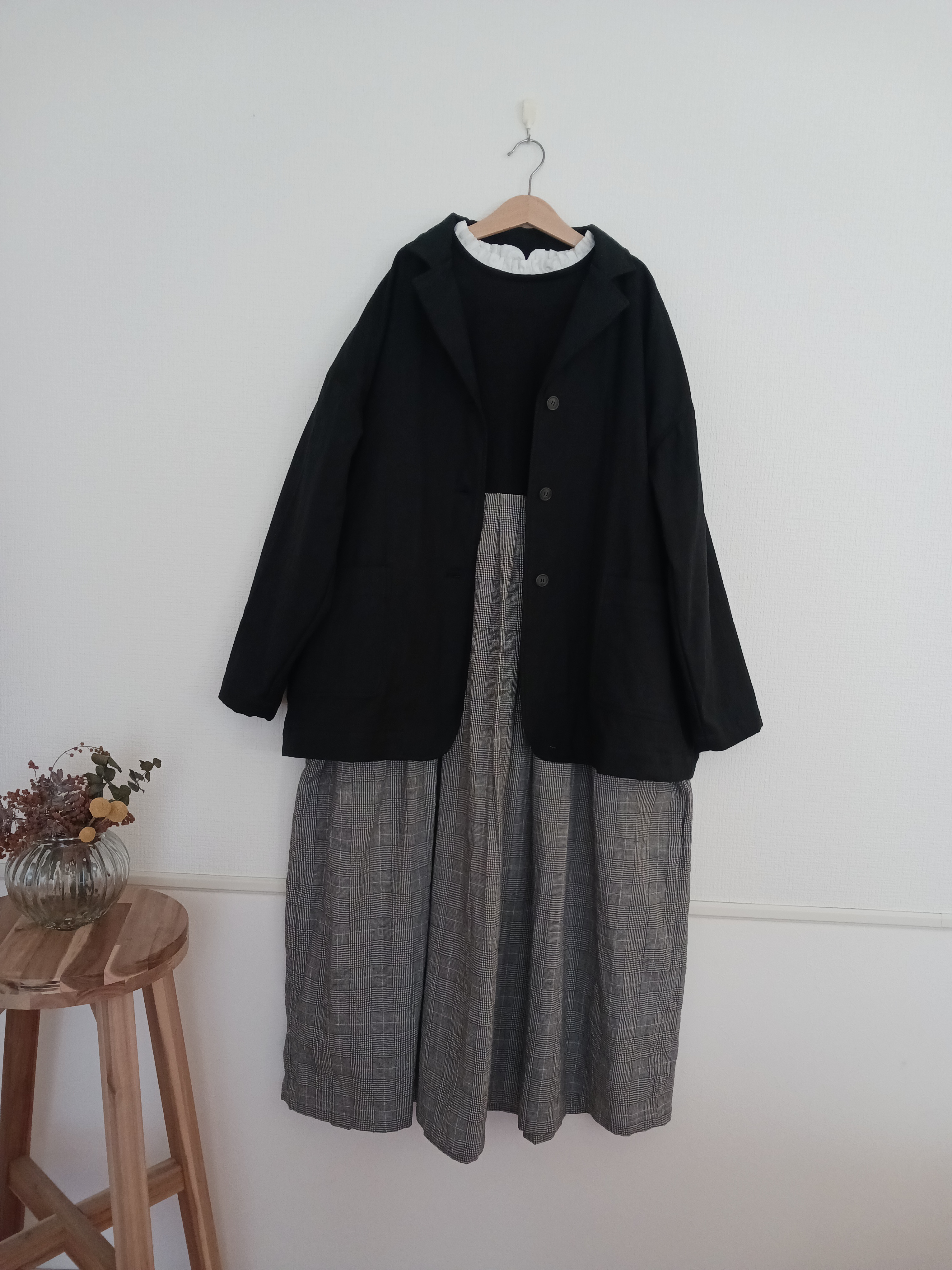 【woman's S.M.L】綿麻グレンチェック　可愛くととのうモノトーンワンピース