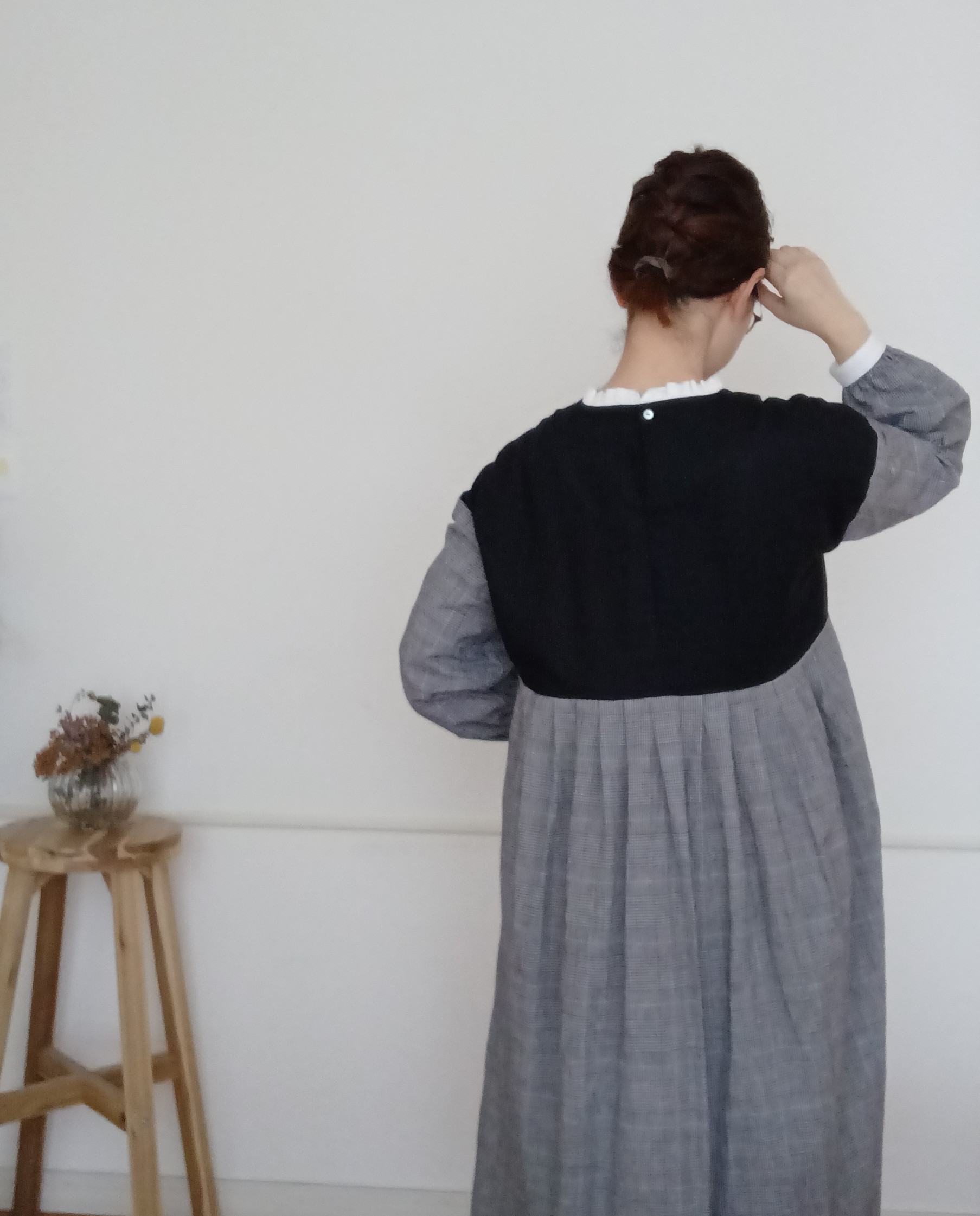 【woman's S.M.L】綿麻グレンチェック　可愛くととのうモノトーンワンピース