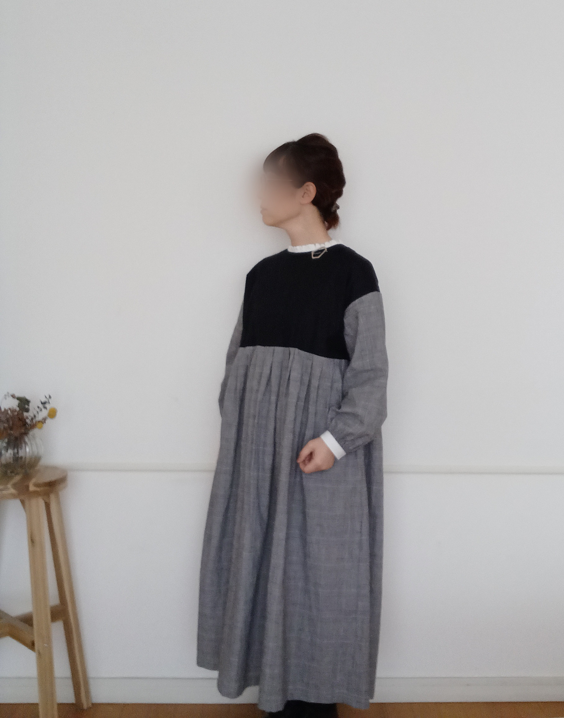 【woman's S.M.L】綿麻グレンチェック　可愛くととのうモノトーンワンピース