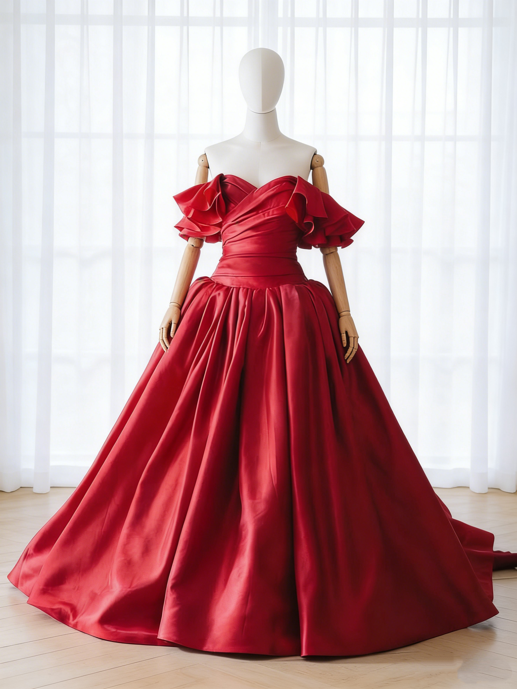 送料無料！カラードレス ボルドー色 オフショルダー フレアスカート ハンドドレープ 細見えシルエット フレアスカート