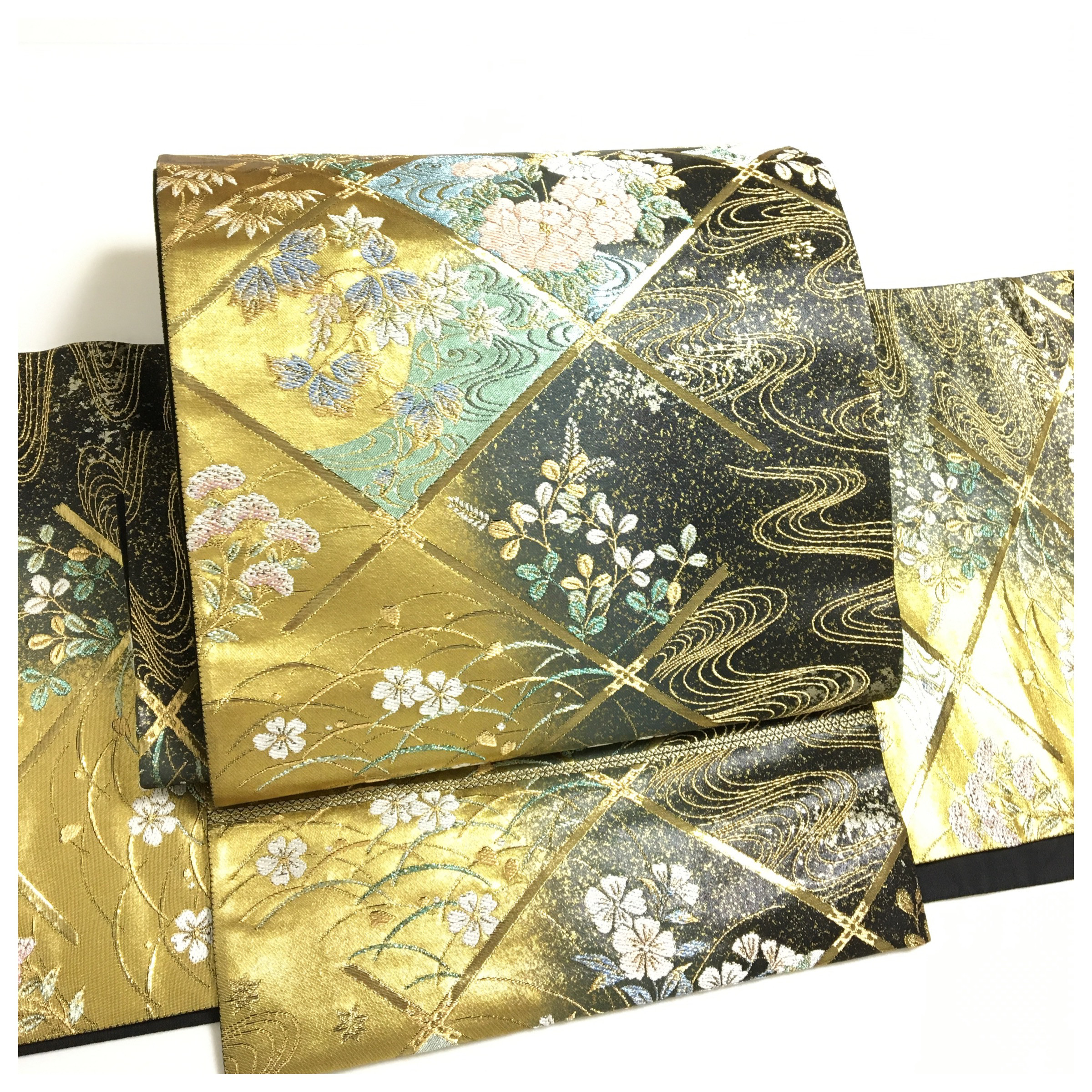 美品　正絹　付け帯　楽帯　ブラックゴールド　二部式　二重太鼓　作り帯