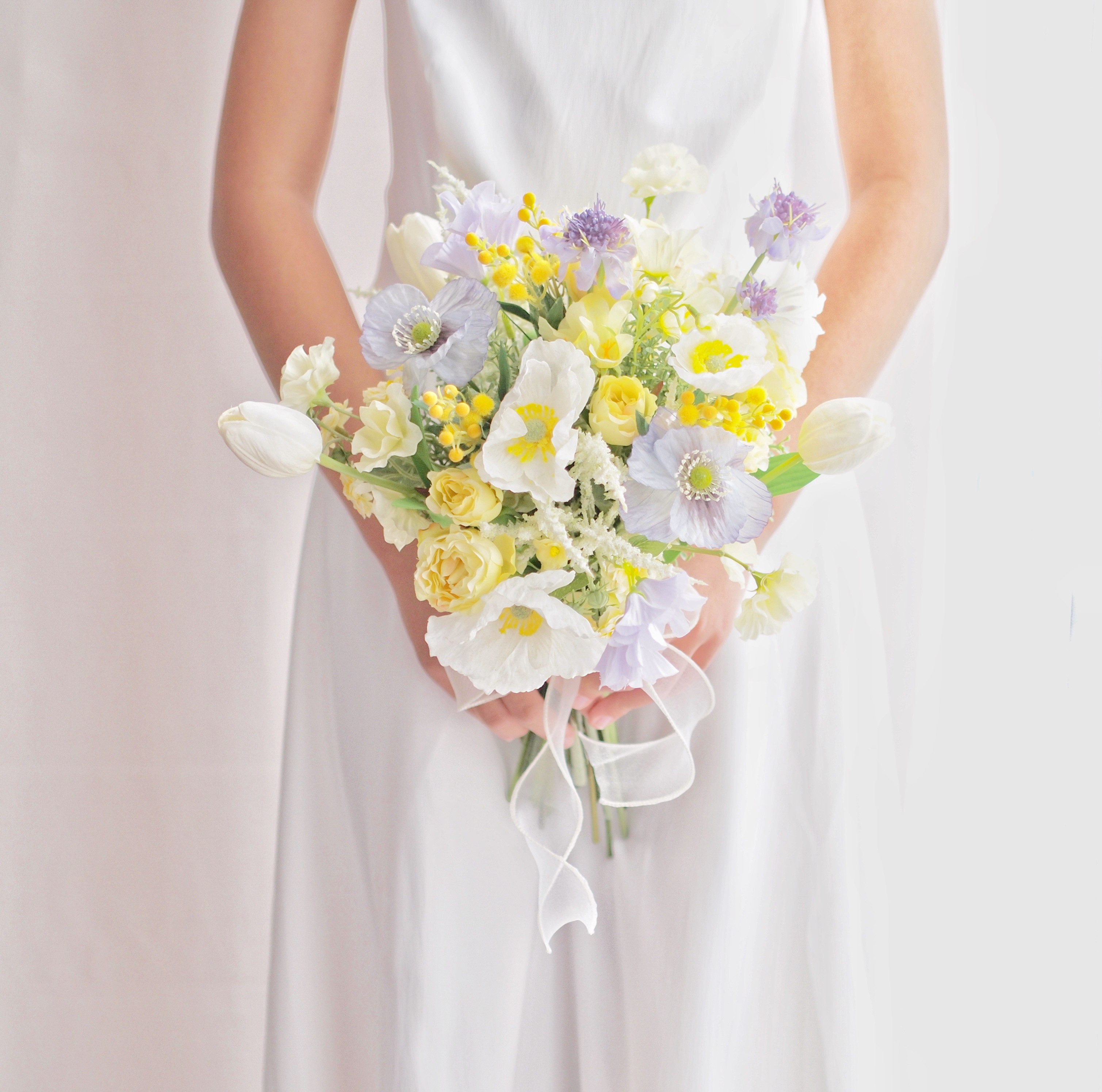 やわらかな春色の透明感ナチュラルブーケ｜春婚・前撮り｜ラベンダー×イエロー｜アーティフィシャルフラワー