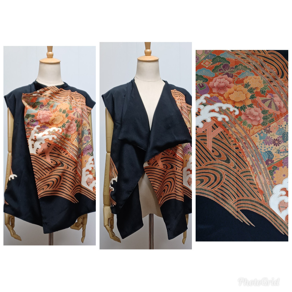 着物リメイク　留袖　　M～L　花　波　扇柄　ベスト