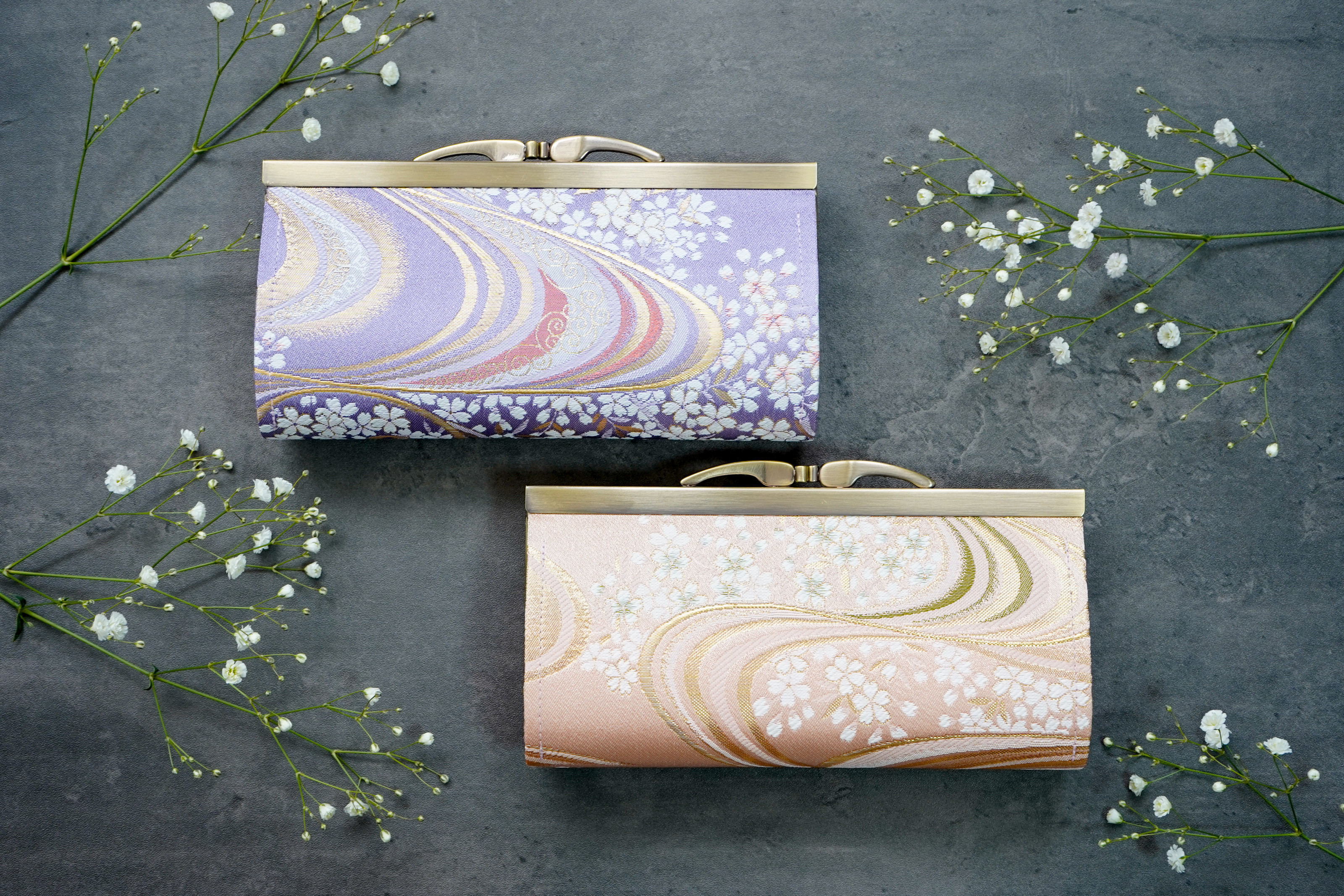 【早割】桜に流水の金襴織物で和風がま口中型長財布＊柔らか上品な和モダン＊薄紫・藤色・ラベンダー・サーモンピンク・桜色
