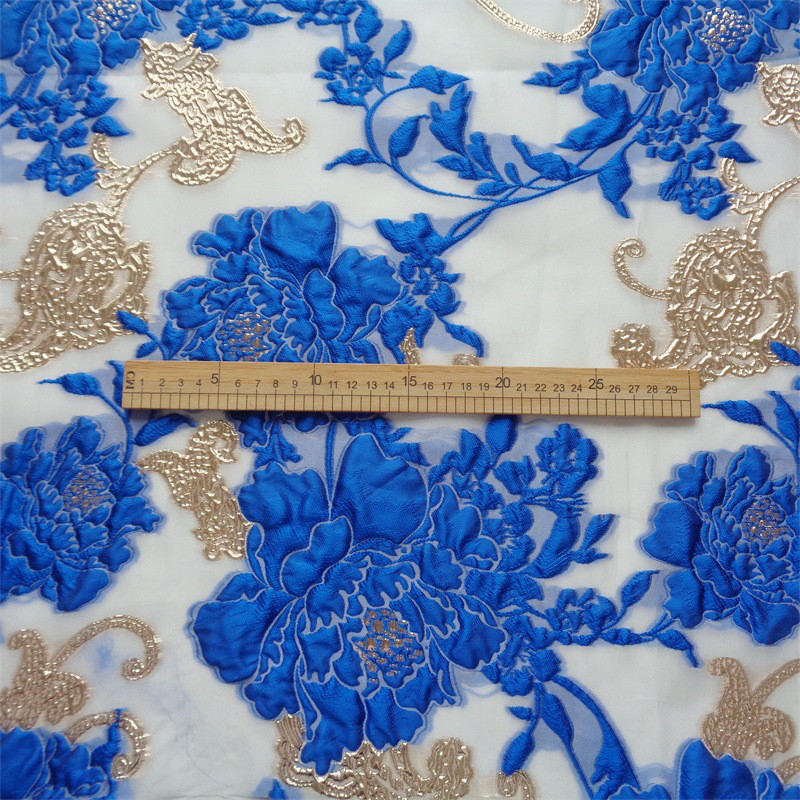 長さ4m ジャガード生地 オーガンジ 花柄 金糸 大花 8色 ゴールド 青 白 やや透明 ジャカード織り YX2274