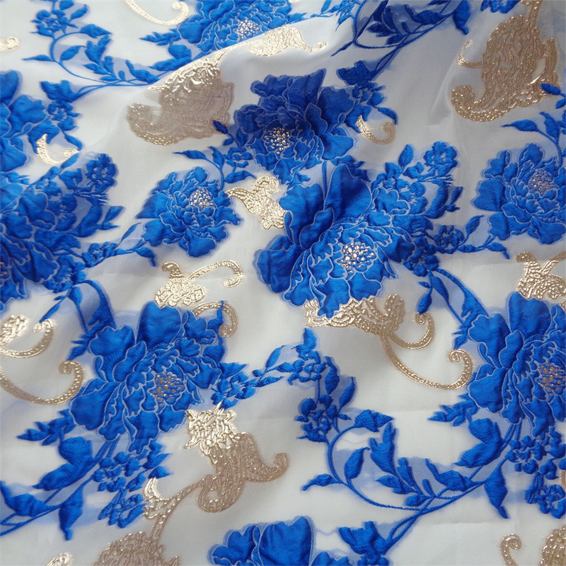 長さ4m ジャガード生地 オーガンジ 花柄 金糸 大花 8色 ゴールド 青 白 やや透明 ジャカード織り YX2274