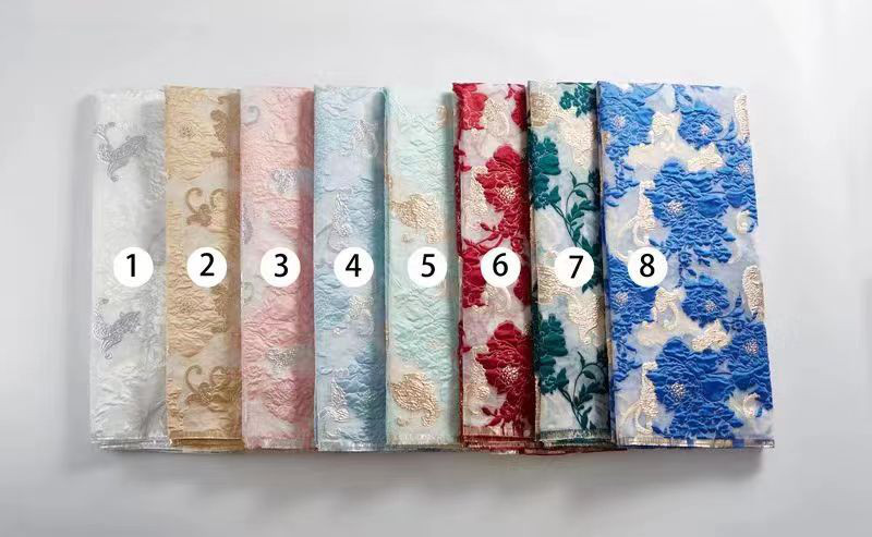 長さ4m ジャガード生地 オーガンジ 花柄 金糸 大花 8色 ゴールド 青 白 やや透明 ジャカード織り YX2274