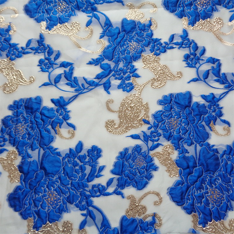 長さ4m ジャガード生地 オーガンジ 花柄 金糸 大花 8色 ゴールド 青 白 やや透明 ジャカード織り YX2274