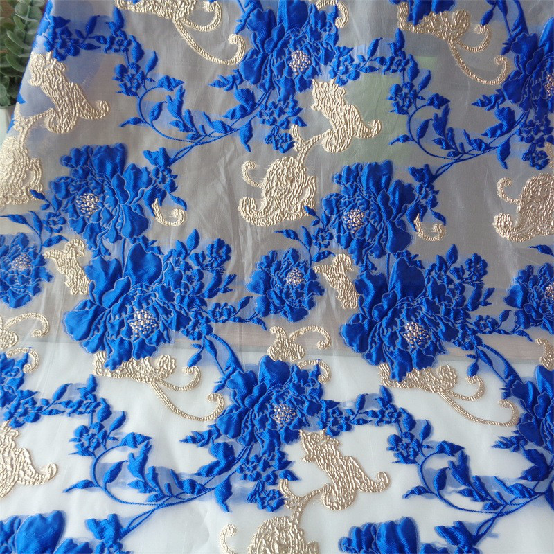 長さ4m ジャガード生地 オーガンジ 花柄 金糸 大花 8色 ゴールド 青 白 やや透明 ジャカード織り YX2274