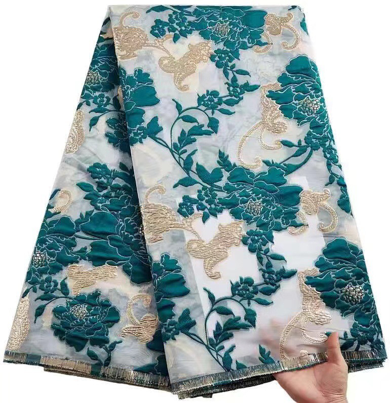 長さ4m ジャガード生地 オーガンジ 花柄 金糸 大花 8色 ゴールド 青 白 やや透明 ジャカード織り YX2274