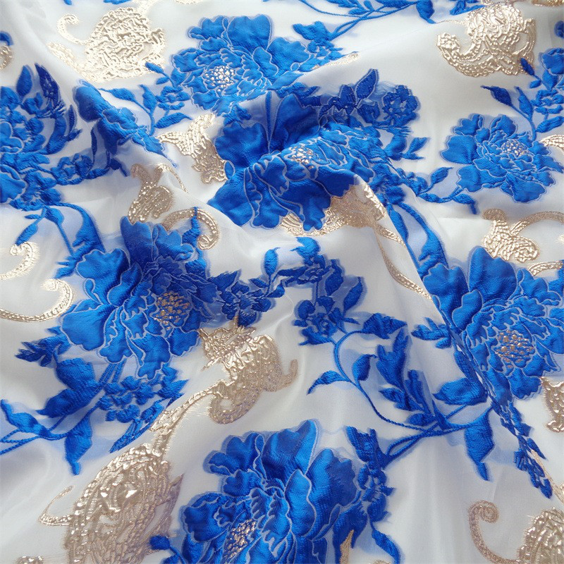 長さ4m ジャガード生地 オーガンジ 花柄 金糸 大花 8色 ゴールド 青 白 やや透明 ジャカード織り YX2274