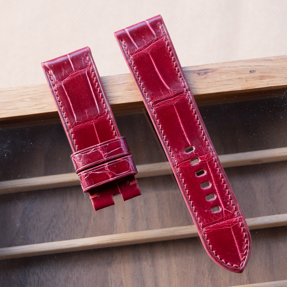 【すぐ発送可】 パネライ用 24-22 長さ75/125mm ボルドー 艶強い クロコダイル