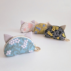 黄色いお花刺繍のパカッとロングポーチ/ペンケース/メガネケース