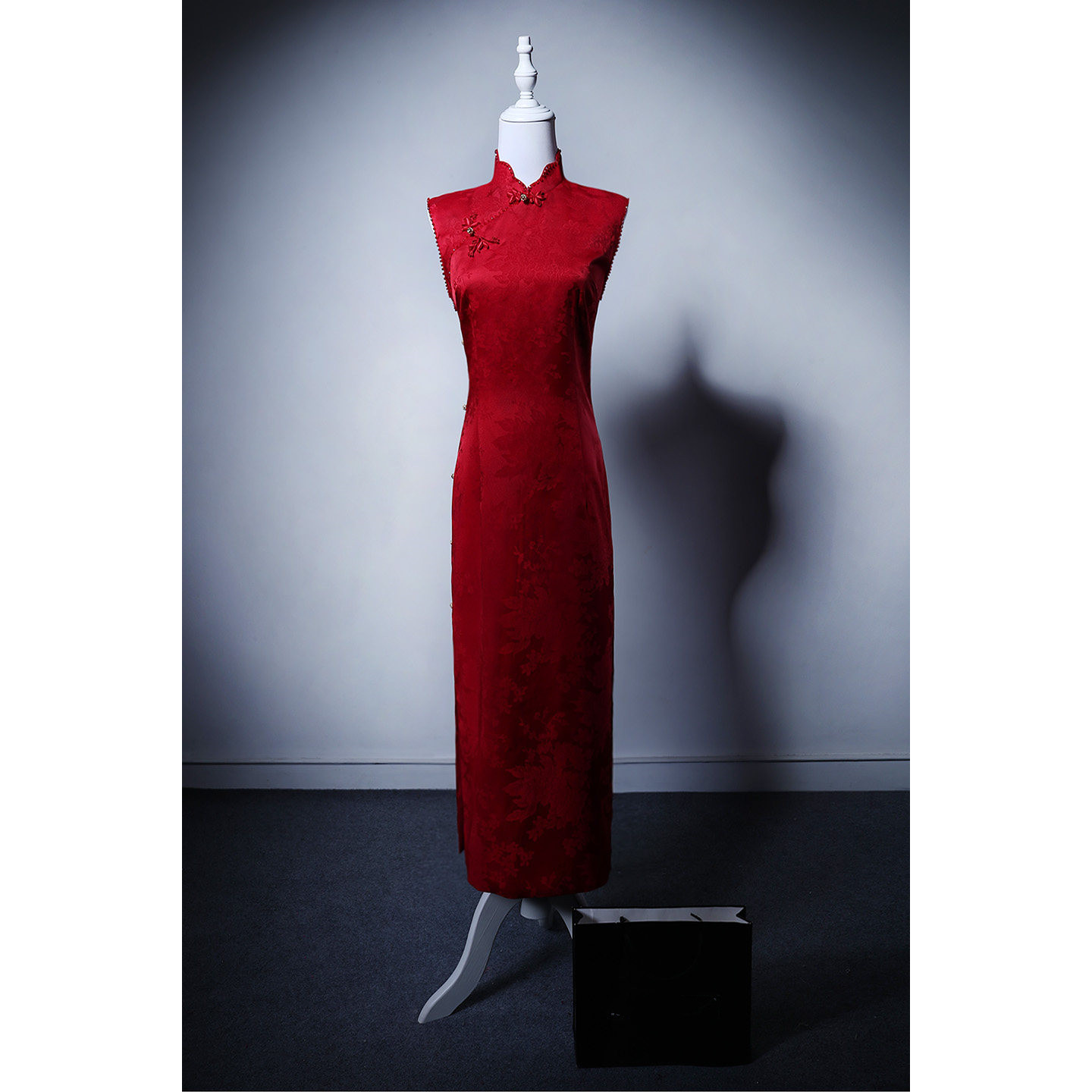 高級感 赤 サテン 花 パーティードレス スリム 優雅 結婚式 演奏会 二次会 前撮り M014