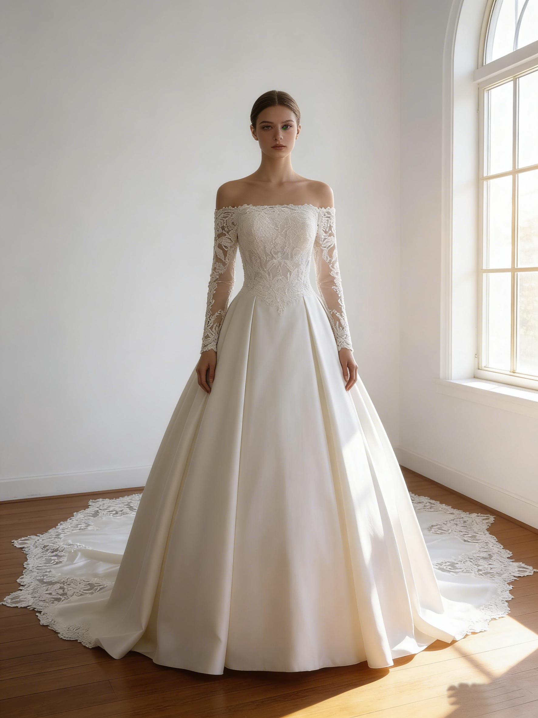 ウエディングドレス オフホワイト ロングスリーブ 繊細なレース  華やかなトレーン 結婚式  前撮り 52,788円