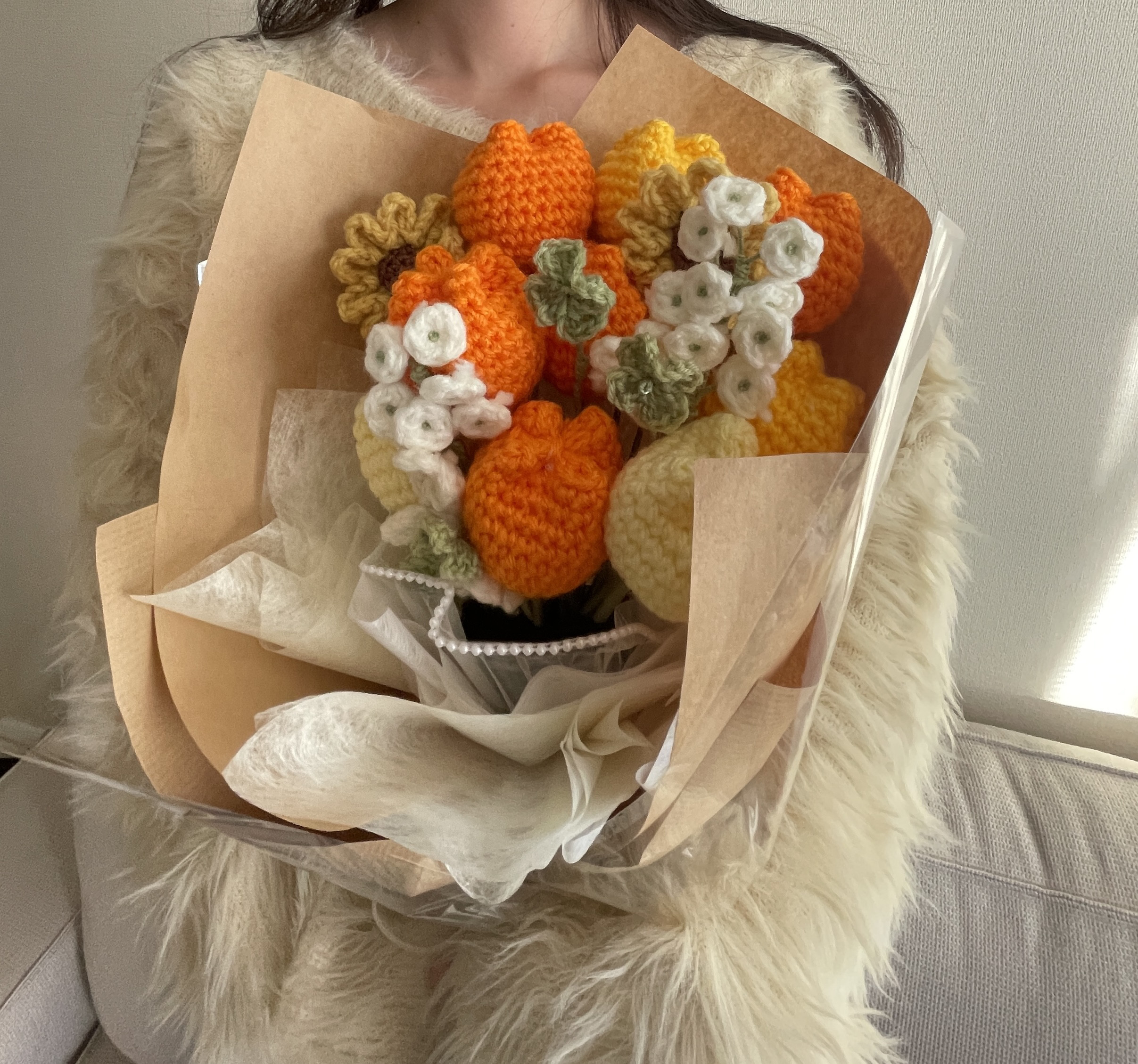 【色変更可能】枯れない花束　プレゼント　オレンジ　卒業式　手編みブーケ　お花　お礼　手編み　退職祝い　卒業祝い