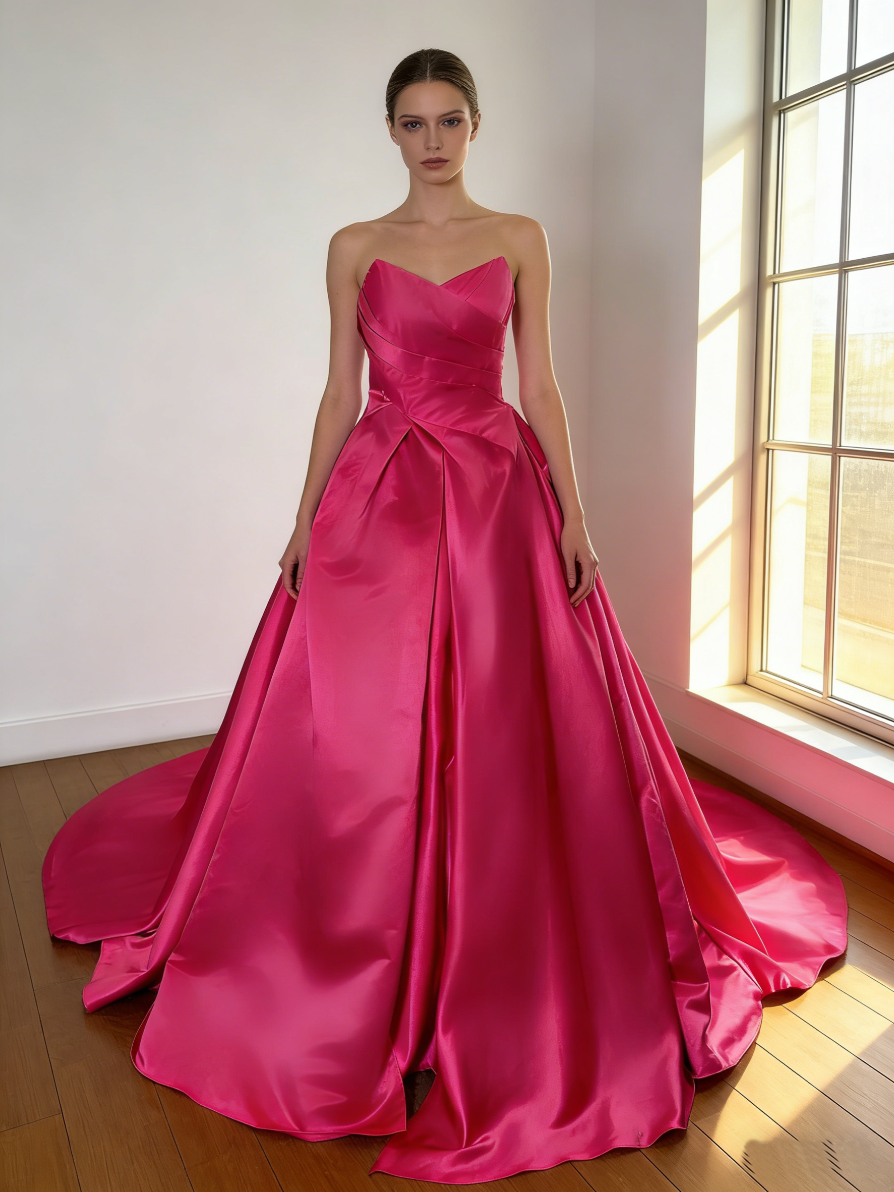 カラードレス ビビッドピンク 光沢サテン  スリット 華やかなトレーン 花嫁 前撮り