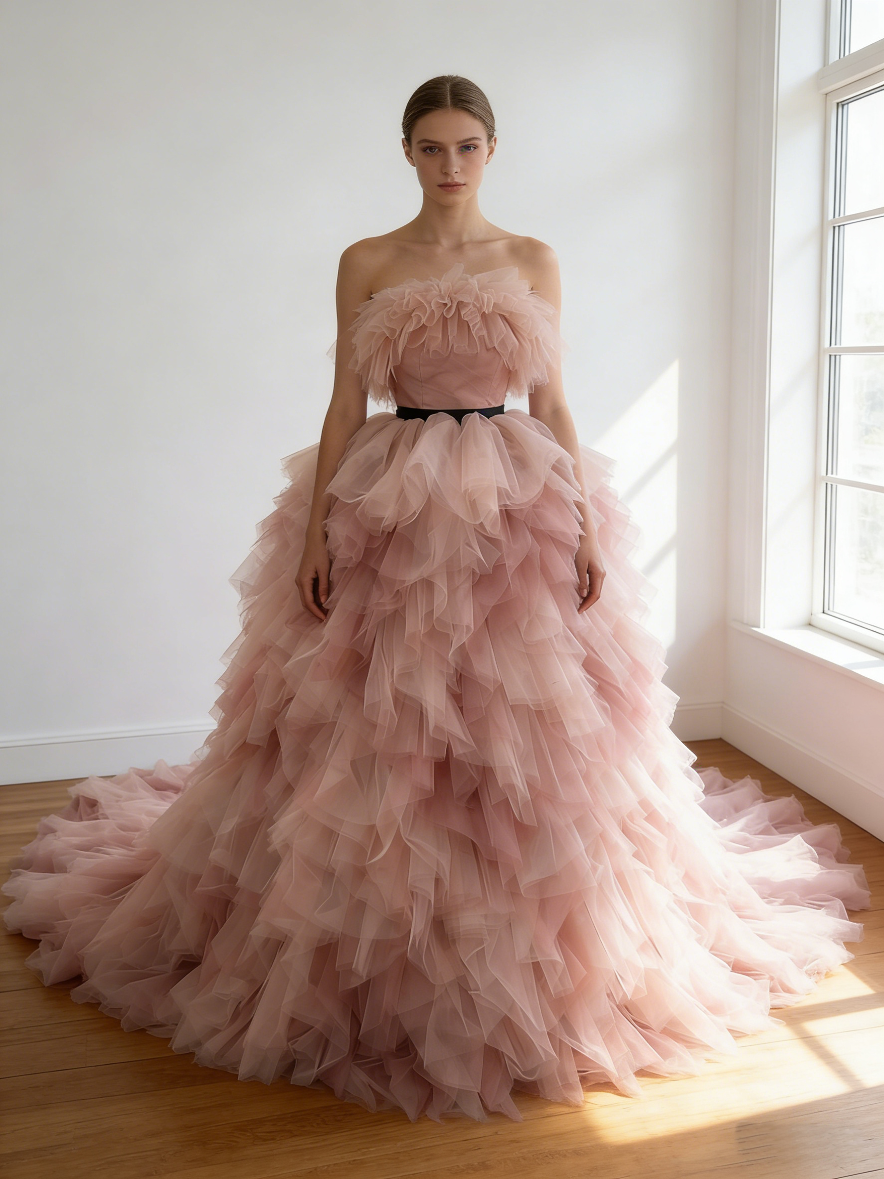 カラードレス ピンク 柔らかく重ねたチュールスカート ビスチェドレス  華やかなトレーン 花嫁 前撮り