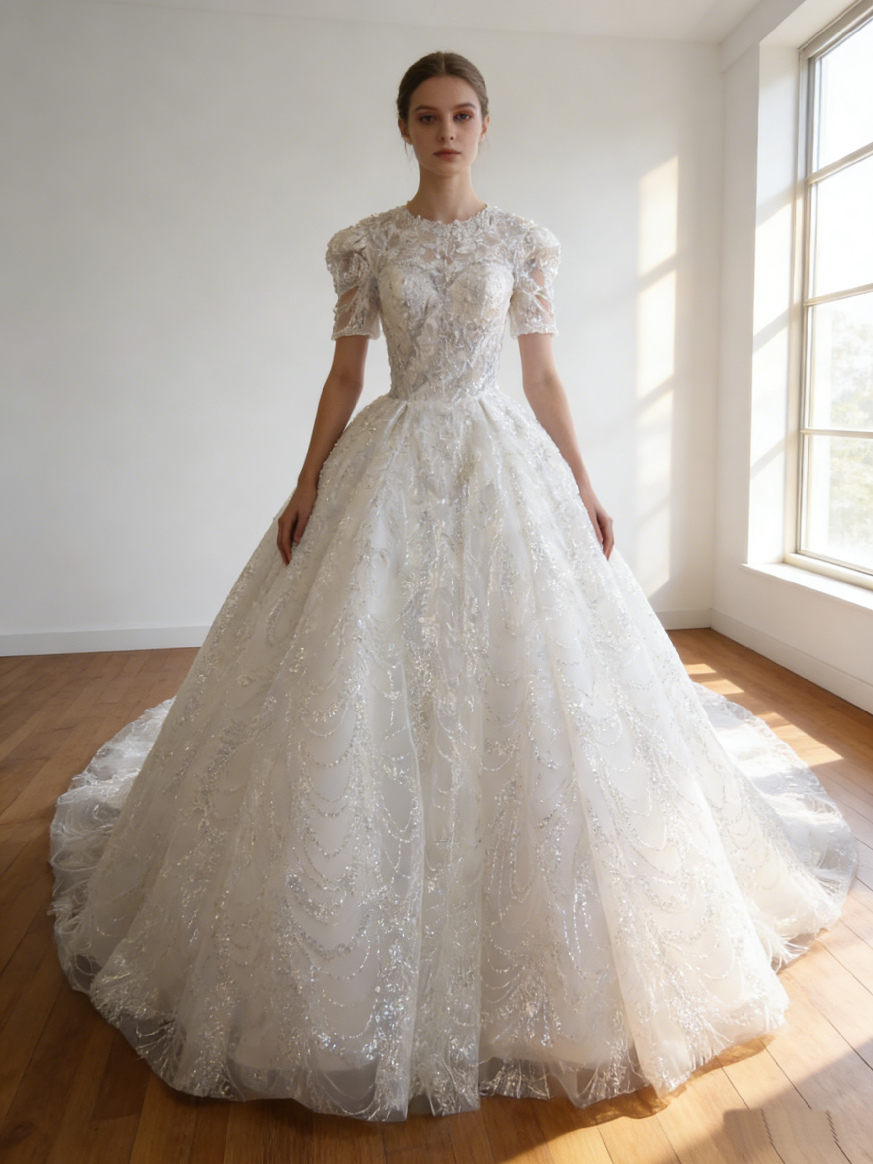 ウエディングドレス オフホワイト 短袖 韓国風ドレス 華やかなトレーン ラウンドネック 結婚式