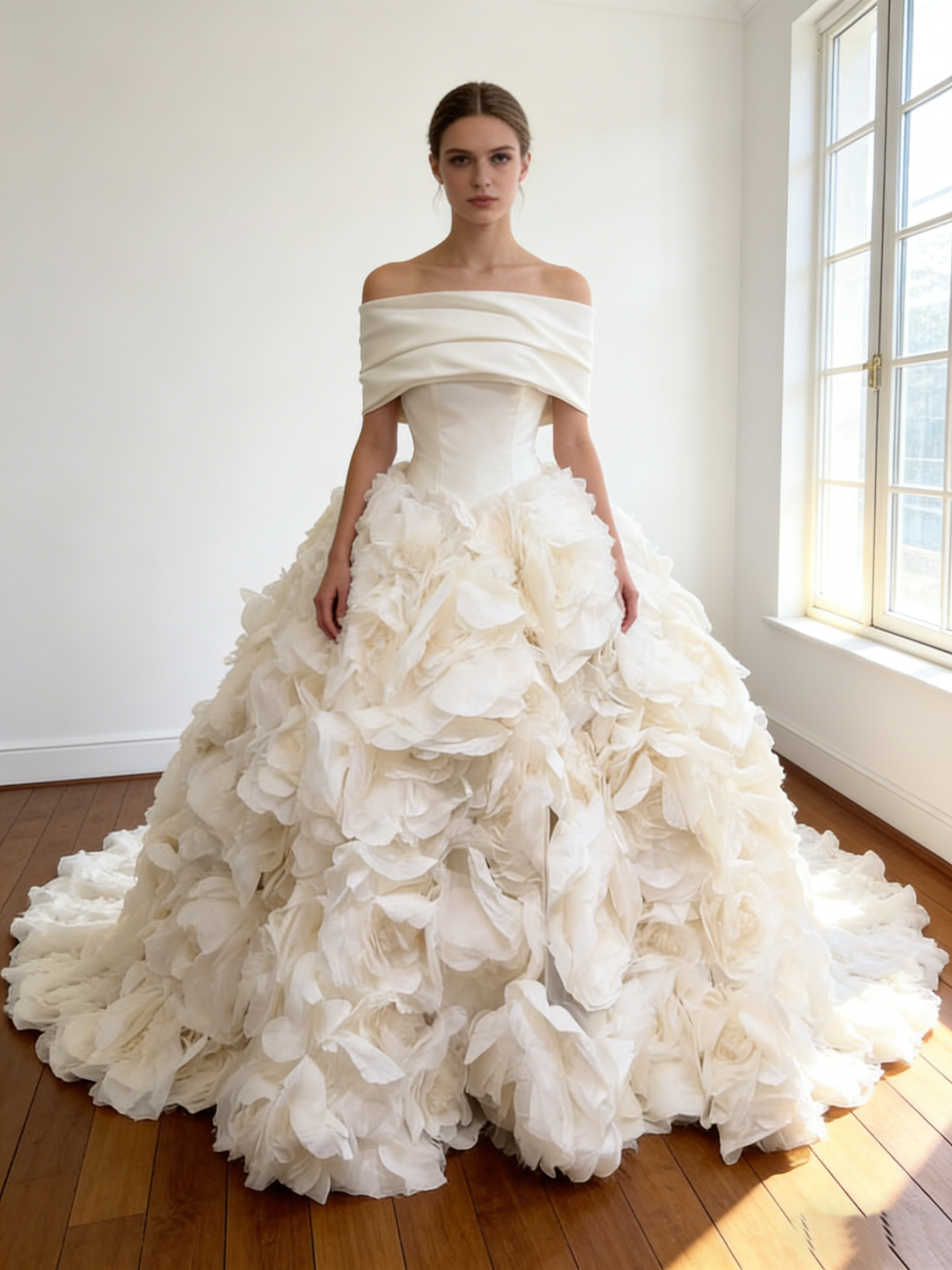 ウエディングドレス オフショルダー オフホワイト 韓国風ドレス アシンメトリードレス ブライダル