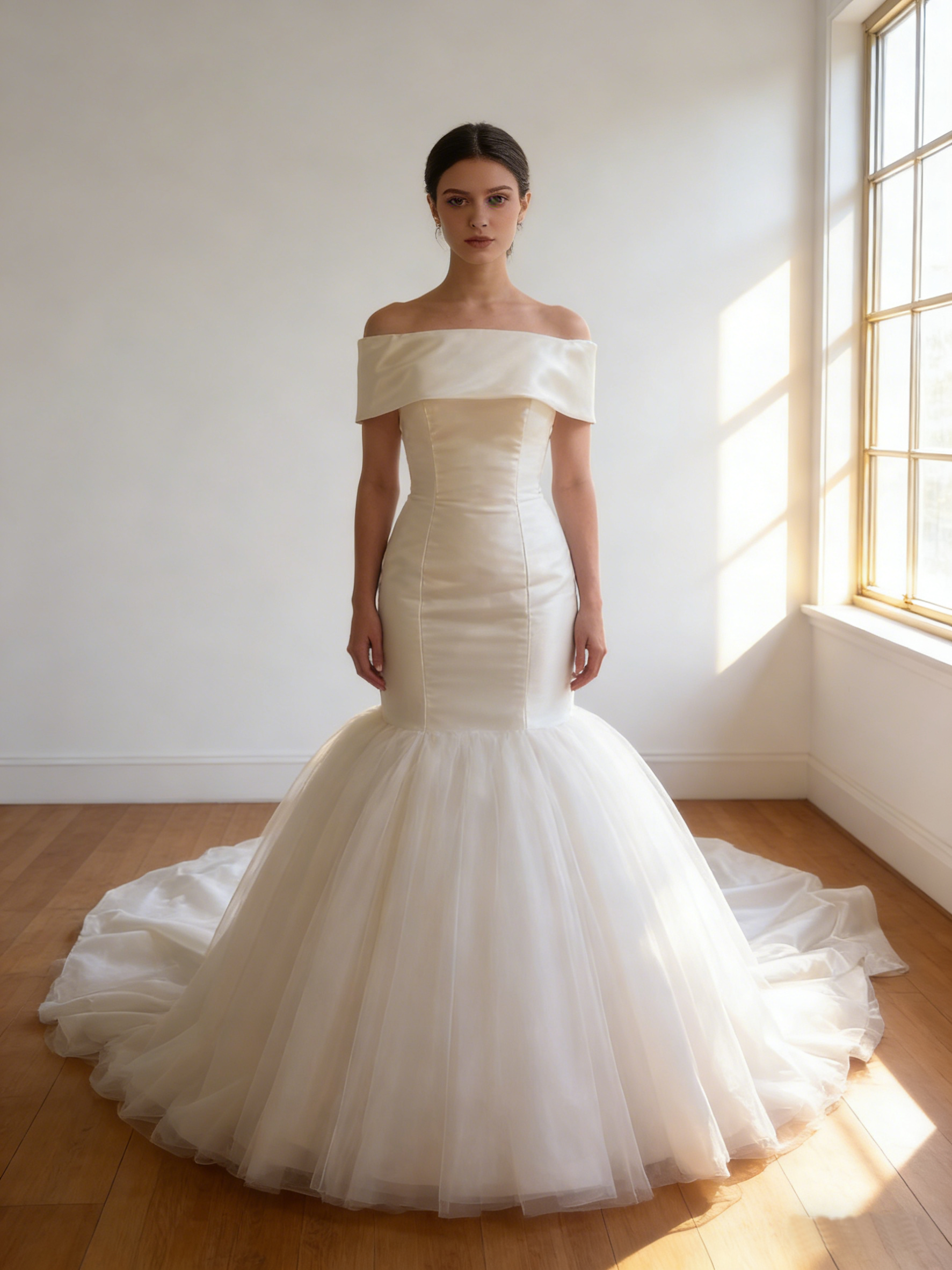 ウエディングドレス オフショルダー オフホワイト 細見えシルエット  マーメイドライン  華やかなトレーン  ブライダル