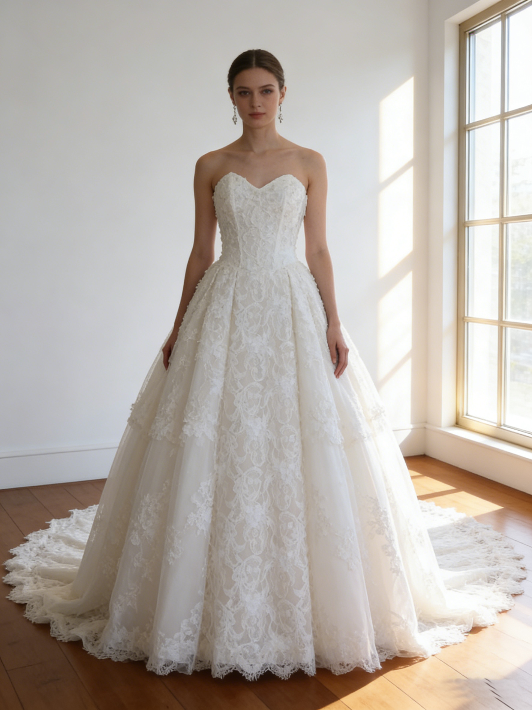 ウエディングドレス オフホワイト 贅沢な総レース  ビスチェドレス  華やかなトレーン  ブライダル