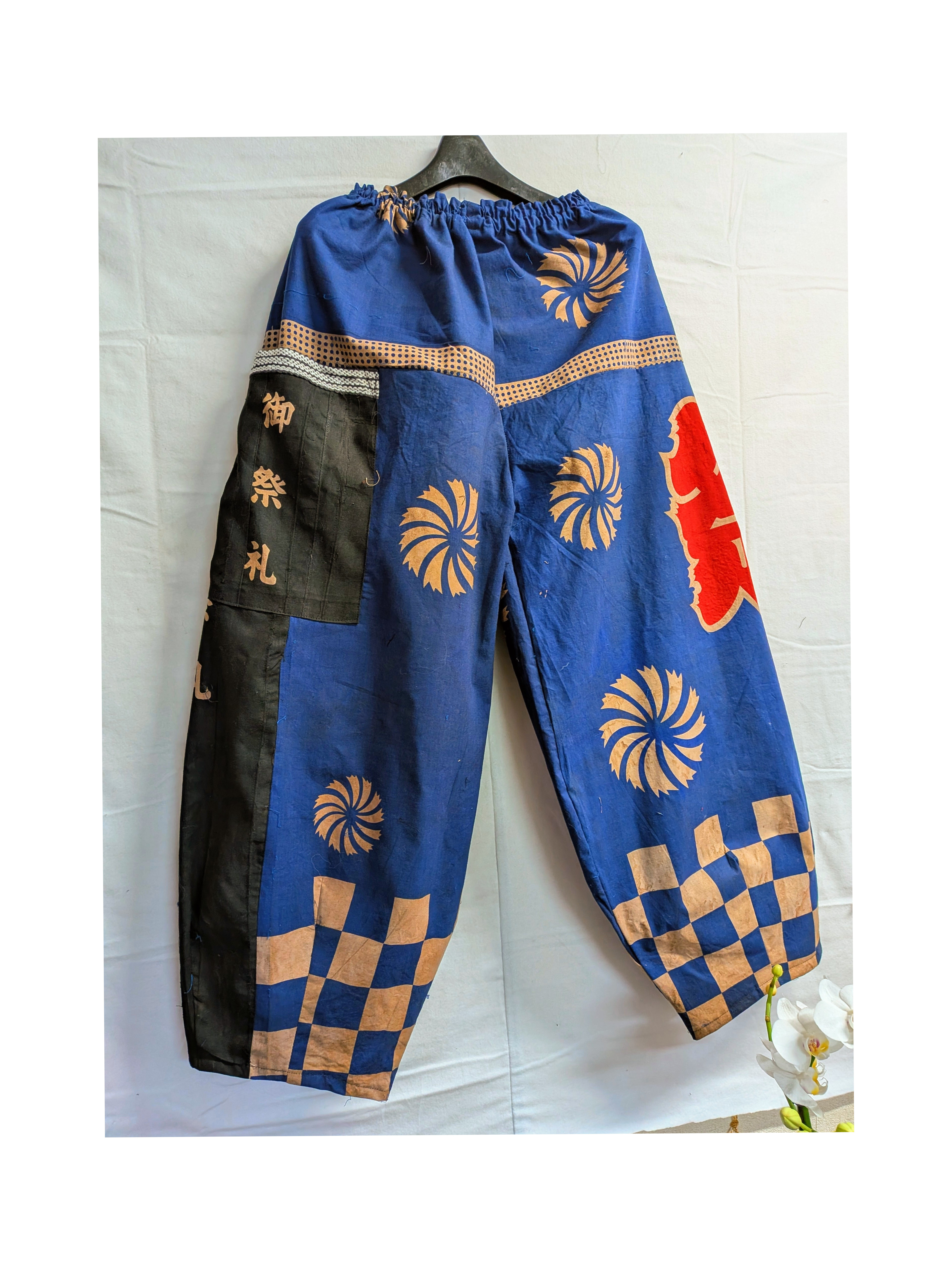 祭りの法被の柿渋染めゆったりタックパンツ　　　ハンドメイド